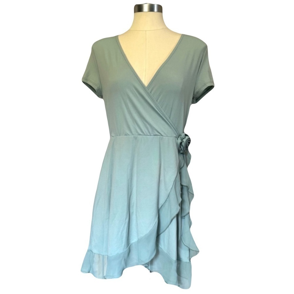 ARDENE womens blue/green wrap dress with rosette detail